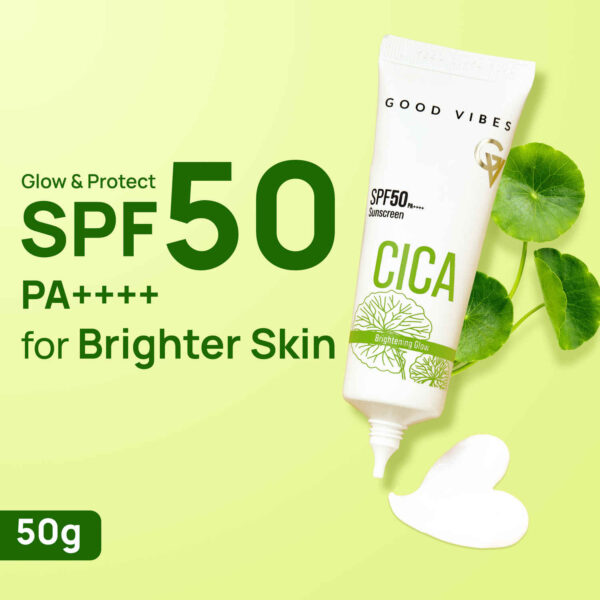 Good Vibes CICA Brightening Glow Sunscreen SPF 50 PA++++ | Cica Extract, 3% Niacinamide, & Hyaluronic Acid | Brightening Sunscreen | Lightweight Aqua Gel | Non-Greasy | No White Cast | Fragrance-Free | Suitable for All Skin Types | 50 gm