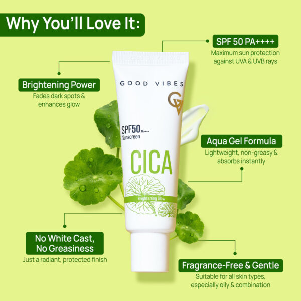 Good Vibes CICA Brightening Glow Sunscreen SPF 50 PA++++ | Cica Extract, 3% Niacinamide, & Hyaluronic Acid | Brightening Sunscreen | Lightweight Aqua Gel | Non-Greasy | No White Cast | Fragrance-Free | Suitable for All Skin Types | 50 gm - Image 4