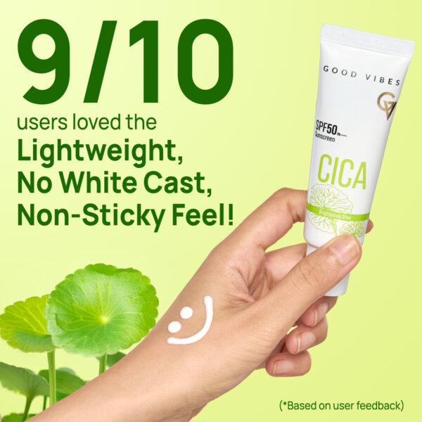Good Vibes CICA Brightening Glow Sunscreen SPF 50 PA++++ | Cica Extract, 3% Niacinamide, & Hyaluronic Acid | Brightening Sunscreen | Lightweight Aqua Gel | Non-Greasy | No White Cast | Fragrance-Free | Suitable for All Skin Types | 50 gm - Image 7
